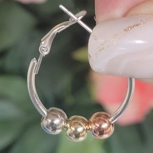 Tri-tone ball hoops. Charm hoops. Silver gold & rose gold.